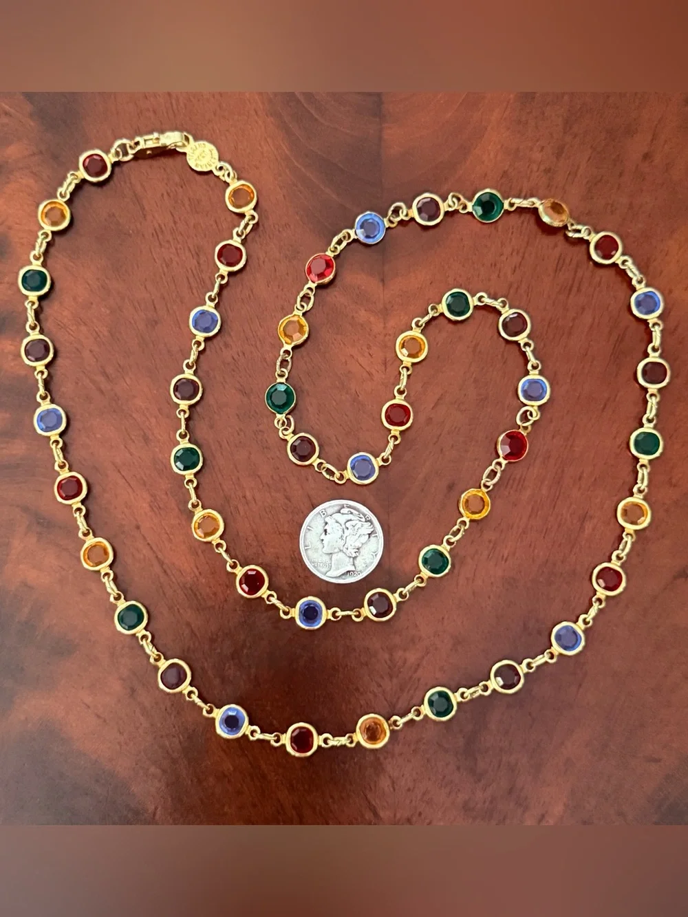 Vintage Austrian Crystal Multicolor Station Necklace; Gold Tone; Made in USA